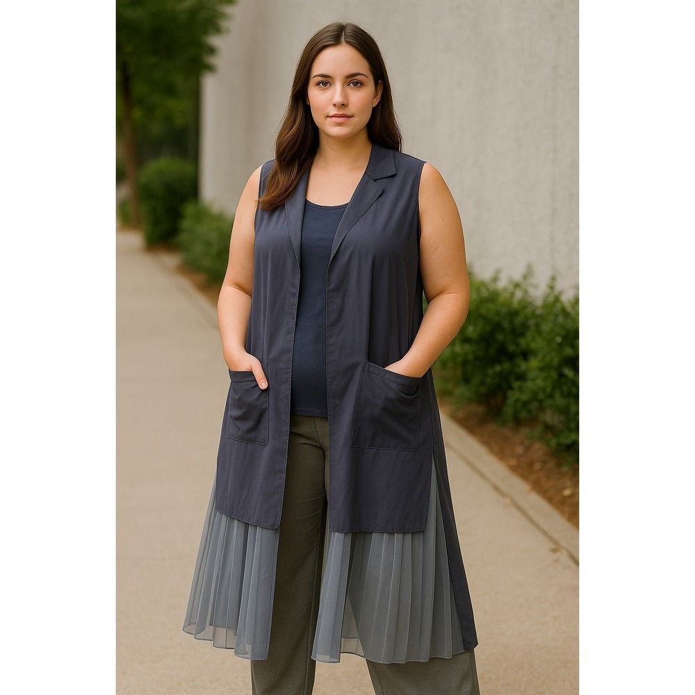 Dao Chloe Dao Boutique Longline Vest Women‎ Medium Blue Pleated Chiffon Tunic